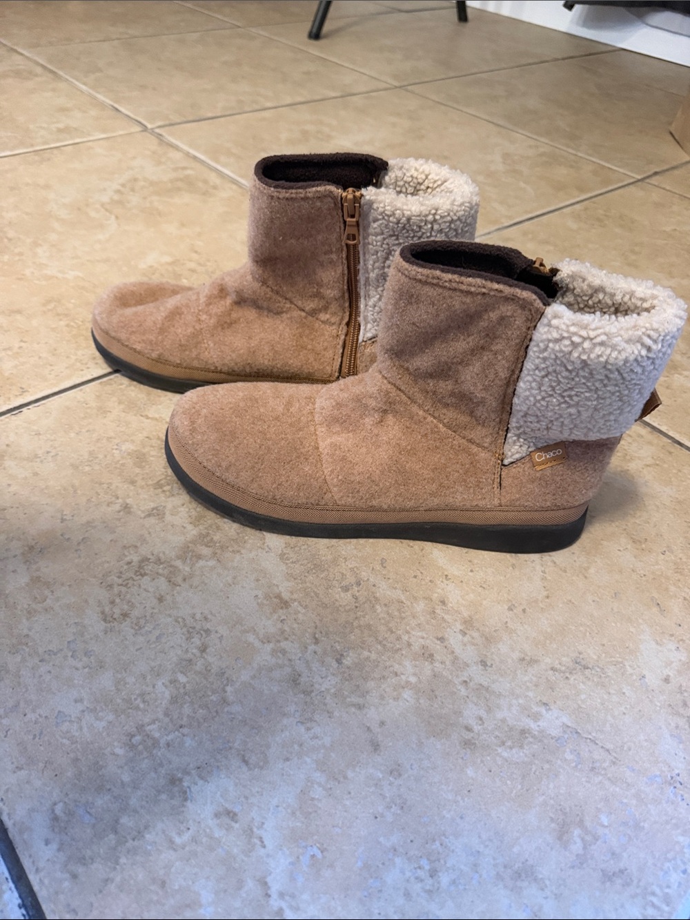 Chaco Tan Suede Ankle Boots with Cream Shearling Cuff